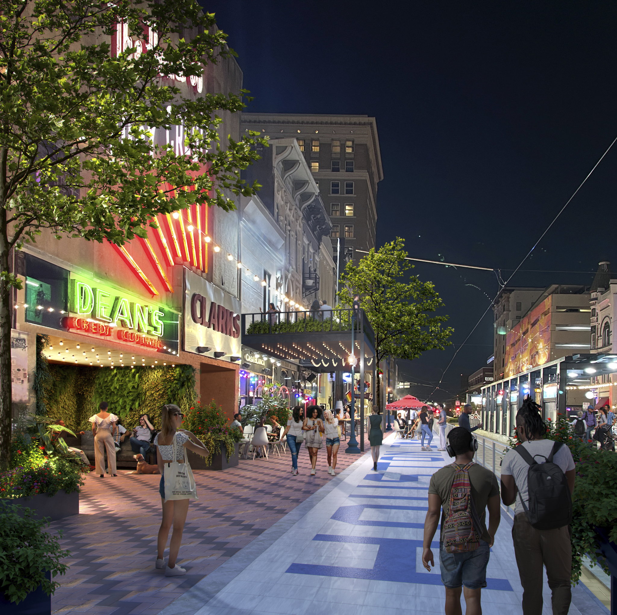 A rendering of an active nightlife scene along Main Street in Houston, Texas
