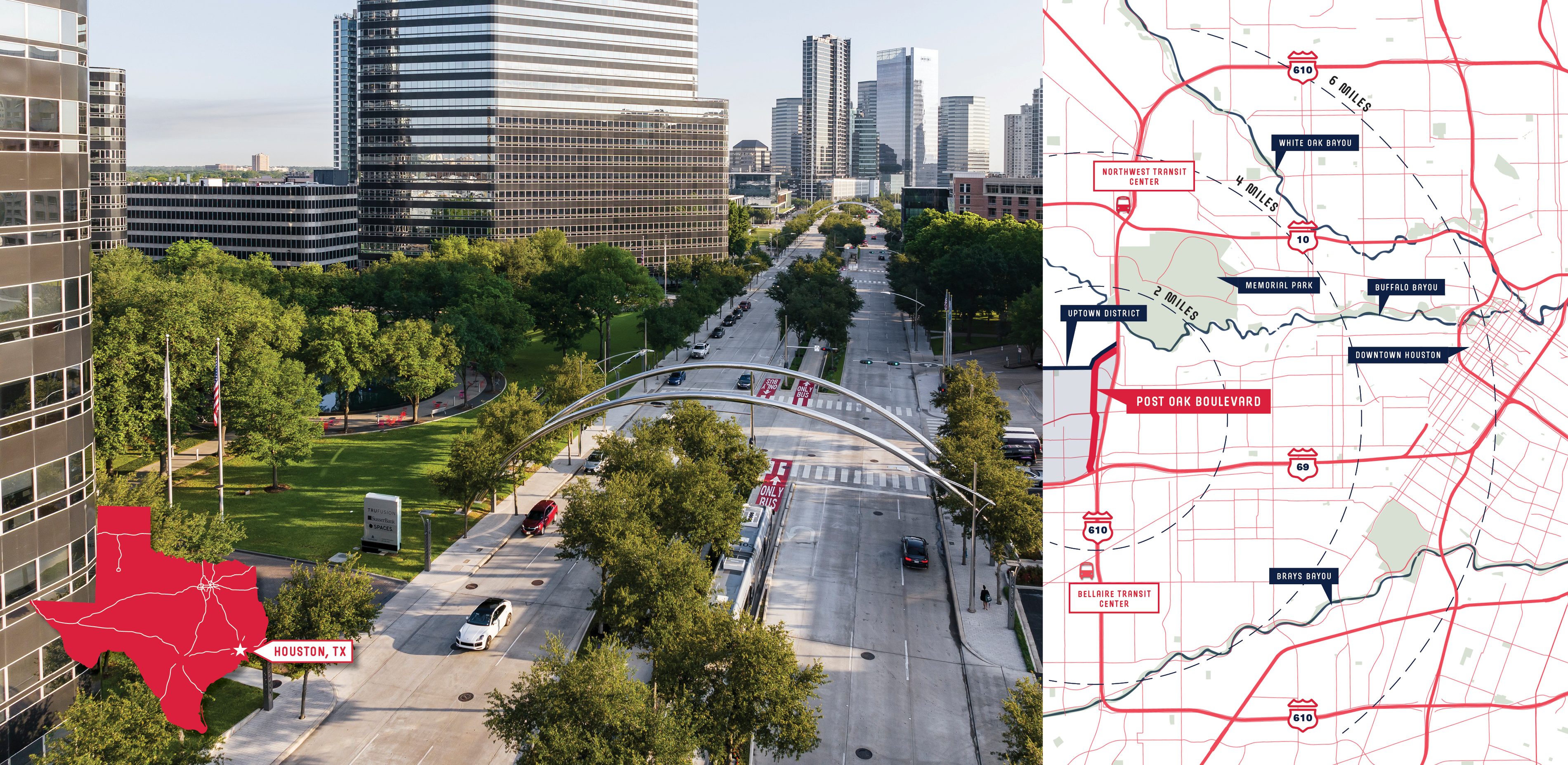 Map including the location of Post Oak Boulevard within greater Houston alongside a before image of the site.
